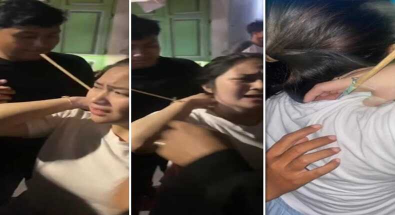 Tangkapan layar video – Seorang perempuan muda di Makassar teriak kesakitan usai lehernya tertancap busur nyasar.