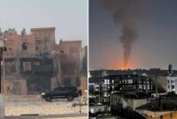 Foto kolase - Sebuah bangunan di Doha, Qatar (kiri) dan Yaman (kanan) hancur usai diserang Zionis Israel (Ist).