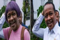 Meme cosplay Dora the Explorer dengan wajah Bahlil yang ramai beredar di media sosial (kiri) dan foto asli Bahlil (kanan).