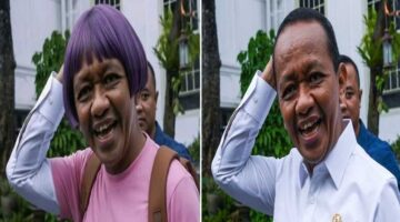 Meme cosplay Dora the Explorer dengan wajah Bahlil yang ramai beredar di media sosial (kiri) dan foto asli Bahlil (kanan).