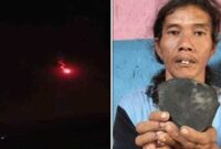 Foto kolase - Cahaya bola api melintas di langit Cirebon (kiri) dan Warga Tegal, Wasroni, memegang batu hitam yang diduga meteor (kanan).