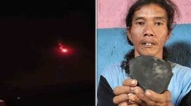 Foto kolase - Cahaya bola api melintas di langit Cirebon (kiri) dan Warga Tegal, Wasroni, memegang batu hitam yang diduga meteor (kanan).