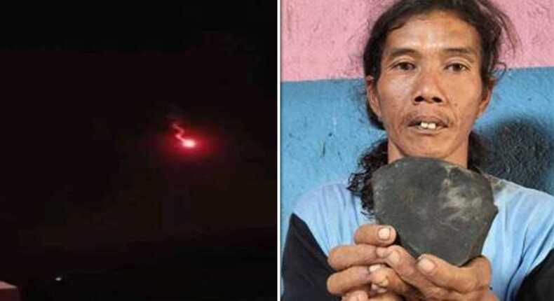 Foto kolase - Cahaya bola api melintas di langit Cirebon (kiri) dan Warga Tegal, Wasroni, memegang batu hitam yang diduga meteor (kanan).