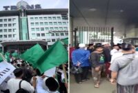 Tangkapa layar video – Ratusan massa berunjuk rasa di Kantor stasiun televisi Trans7 terkait program “Xpose Uncensored” yang dinilai melecehkan Pesantren. (foto kolase)