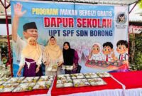 Emak-emak memperlihatkan menu Program MBG Berbasis Dapur Sekolah di SD Negeri Borong Makassar, aman dan tidak beracun.
