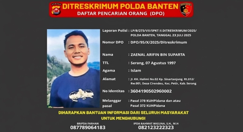 Oknum polisi Polda Banten, Zaenal Arifin bin Suparta, berstatus Daftar Pencarian Orang (DPO).