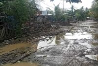 Kondisi Jalan Poros Desa Punaga, Kecamatan Laikang, Takalar, tampak dipenuhi genangan air dan lubang besar usai diguyur hujan, sehingga menyerupai kubangan dan membahayakan pengguna jalan.