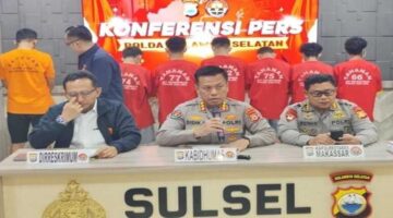Polda Sulsel menggelar konferensi pers di Mapolda Sulsel untuk menjelaskan penangkapan tujuh pelaku tawuran di Kecamatan Tallo, Makassar, termasuk kasus penembakan dan pembakaran rumah.