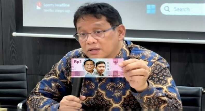 Menteri Keuangan Purbaya Yudhi Sadewa dengan ilustrasi redenominasi rupiah, Rp1.000 disederhanakan menjadi Rp1.
