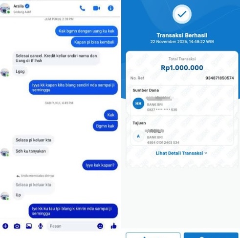 Tangkapan layar postingan akun Facebook Celebes Kreator terkait bukti percakapan korban dan transaksi dengan Owner Arsila Jailan