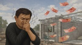 Foto ilustrasi - Seorang pria menutup hidung karena “bau busuk” simbolik dari praktik kongkalikong dan korupsi tender.