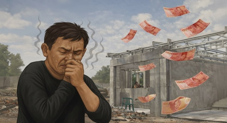 Foto ilustrasi - Seorang pria menutup hidung karena “bau busuk” simbolik dari praktik kongkalikong dan korupsi tender.