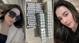 Foto Kolase - Nadine Iyrene, owner SW Glow’s, di sisi kiri dan kanan, serta tumpukan produk SW Glow’s kemasan hijau putih di tengah yang masih diperjualbelikan meski sudah masuk peringatan BPOM.