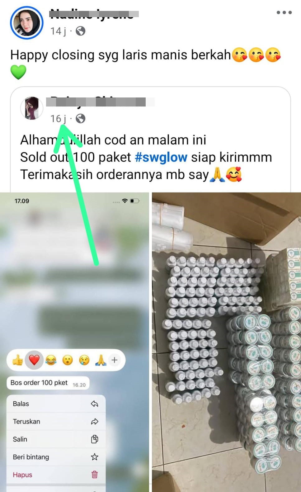 Produk SW Glow’s kemasan hijau masih aktif dipromosikan dan diperjualbelikan
