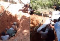 Warga bersama keluarga almarhum melakukan pembongkaran makam Daeng Akil di Desa Salama, Kecamatan Sabbang, Luwu Utara, untuk proses pemindahan jenazah setelah 28 tahun dimakamkan. Jasad yang diangkat dari liang lahat tampak masih utuh dan tetap dibungkus kain kafan bersih. (Foto kolase)