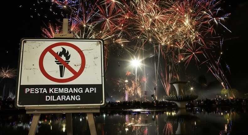 Foto ilustrasi papan larangan pesta kembang api terpasang di area publik sebagai simbol penegakan aturan jelang malam Tahun Baru.