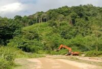 Alat berat jenis ekskavator terlihat beroperasi di kawasan perbukitan hijau di Kecamatan Meluhu, Kabupaten Konawe, Sulawesi Tenggara, yang diduga menjadi lokasi aktivitas tambang galian C ilegal.
