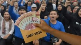 Ilustrasi uang rupiah dan buruh terkait pengumuman kenaikan UMP 2026 yang dinanti pekerja.