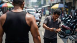 Ilustrasi juru parkir liar menyetor kepada sosok “orang kuat”