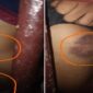 Bekas luka memar pada tubuh korban yang diduga akibat penganiayaan oleh empat oknum polisi di Polsek Mangarabombang, Kabupaten Takalar. Lingkaran oranye menyoroti area luka yang jelas terlihat di lengan dan kaki korban, memperkuat dugaan kekerasan fisik yang dilaporkan ke Propam Polres Takalar. (Foto kolase)