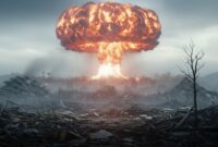 Ilustrasi kehancuran dunia pasca pecahnya Perang Dunia ke-3, dengan bangunan-bangunan luluh lantak akibat serangan nuklir.