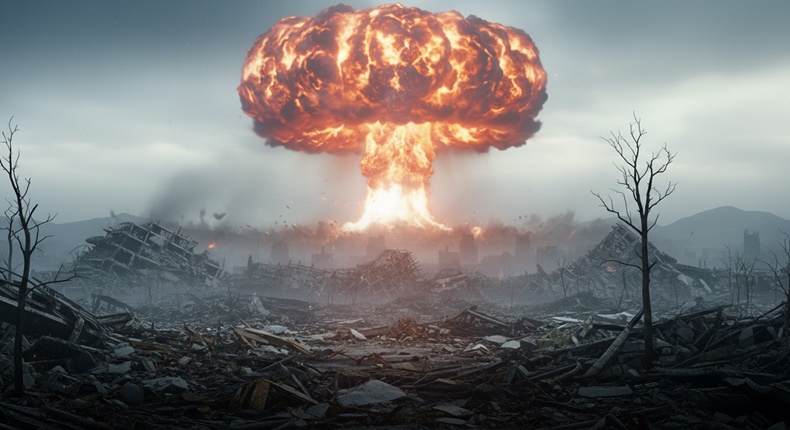Ilustrasi kehancuran dunia pasca pecahnya Perang Dunia ke-3, dengan bangunan-bangunan luluh lantak akibat serangan nuklir.