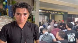 Kondisi pemuda berinisial A (25) dengan lebam di wajah usai dikeroyok polisi, serta suasana warga dan keluarga korban saat mendatangi Mapolres Maros untuk meminta kejelasan dan pertanggungjawaban atas insiden tersebut, Kamis (1/1/2026). (Foto Kolase)