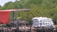 Tumpukan karung berisi arang hasil pembakaran kayu mangrove terlihat di kawasan pesisir Kepulauan Tanakeke, Kabupaten Takalar, Sulawesi Selatan, yang diduga siap didistribusikan ke luar daerah.