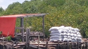 Tumpukan karung berisi arang hasil pembakaran kayu mangrove terlihat di kawasan pesisir Kepulauan Tanakeke, Kabupaten Takalar, Sulawesi Selatan, yang diduga siap didistribusikan ke luar daerah.