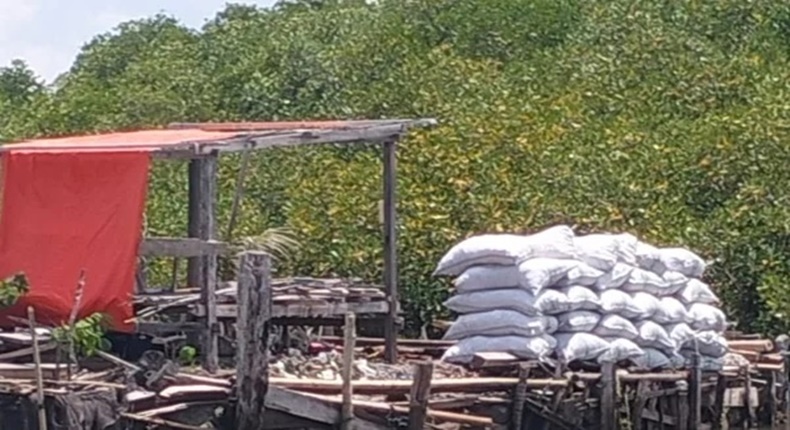Tumpukan karung berisi arang hasil pembakaran kayu mangrove terlihat di kawasan pesisir Kepulauan Tanakeke, Kabupaten Takalar, Sulawesi Selatan, yang diduga siap didistribusikan ke luar daerah.