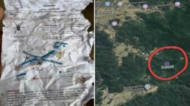 Lembaran dokumen bergambar pesawat yang ditemukan warga serta citra peta lokasi yang menunjukkan titik yang diperkirakan berada di sekitar Leang-leang, Kabupaten Maros, Sulawesi Selatan, sebagai area pencarian pesawat ATR 42-500 milik Indonesia Air Transport yang dilaporkan hilang kontak. (Foto Kolase)