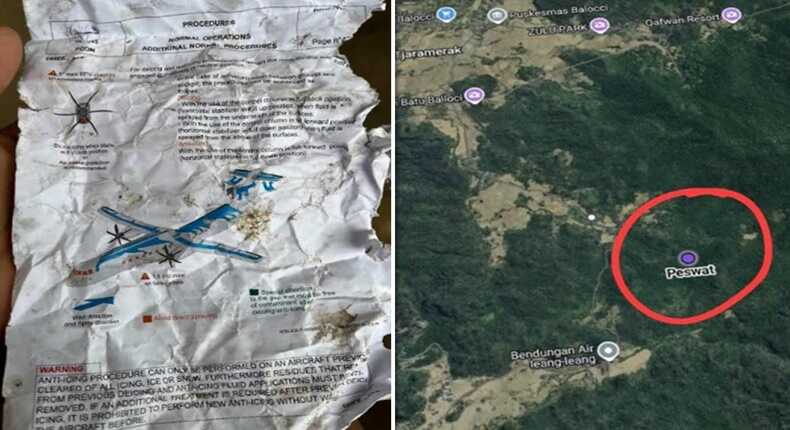 Lembaran dokumen bergambar pesawat yang ditemukan warga serta citra peta lokasi yang menunjukkan titik yang diperkirakan berada di sekitar Leang-leang, Kabupaten Maros, Sulawesi Selatan, sebagai area pencarian pesawat ATR 42-500 milik Indonesia Air Transport yang dilaporkan hilang kontak. (Foto Kolase)
