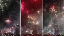 Pesta kembang api dan petasan menyala di kawasan Pantai Losari, Makassar, saat pergantian Tahun Baru 2026.