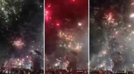 Pesta kembang api dan petasan menyala di kawasan Pantai Losari, Makassar, saat pergantian Tahun Baru 2026.