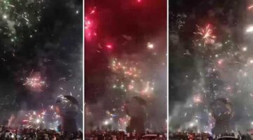 Pesta kembang api dan petasan menyala di kawasan Pantai Losari, Makassar, saat pergantian Tahun Baru 2026.