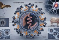 Ilustrasi Virus Nipah beserta struktur virus dan jalur penularannya dari hewan ke manusia. Virus ini diketahui berasal dari kelelawar buah (Pteropus sp) dan dapat menyebabkan gangguan pernapasan hingga ensefalitis pada manusia.