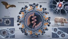Ilustrasi Virus Nipah beserta struktur virus dan jalur penularannya dari hewan ke manusia. Virus ini diketahui berasal dari kelelawar buah (Pteropus sp) dan dapat menyebabkan gangguan pernapasan hingga ensefalitis pada manusia.