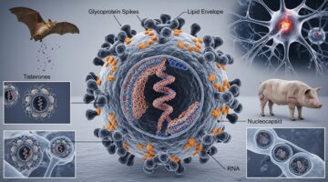 Ilustrasi Virus Nipah beserta struktur virus dan jalur penularannya dari hewan ke manusia. Virus ini diketahui berasal dari kelelawar buah (Pteropus sp) dan dapat menyebabkan gangguan pernapasan hingga ensefalitis pada manusia.