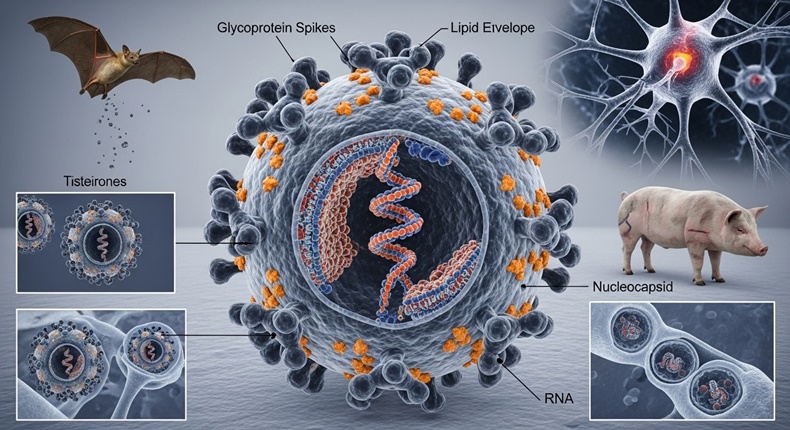 Ilustrasi Virus Nipah beserta struktur virus dan jalur penularannya dari hewan ke manusia. Virus ini diketahui berasal dari kelelawar buah (Pteropus sp) dan dapat menyebabkan gangguan pernapasan hingga ensefalitis pada manusia.