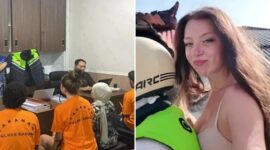 Tiga WNA saat diamankan oleh aparat di Polres Badung (kiri) serta salah satu perempuan yang diduga terlibat dalam video viral bersama seorang pengemudi ojek online di Bali (kanan). (Foto Kolase).