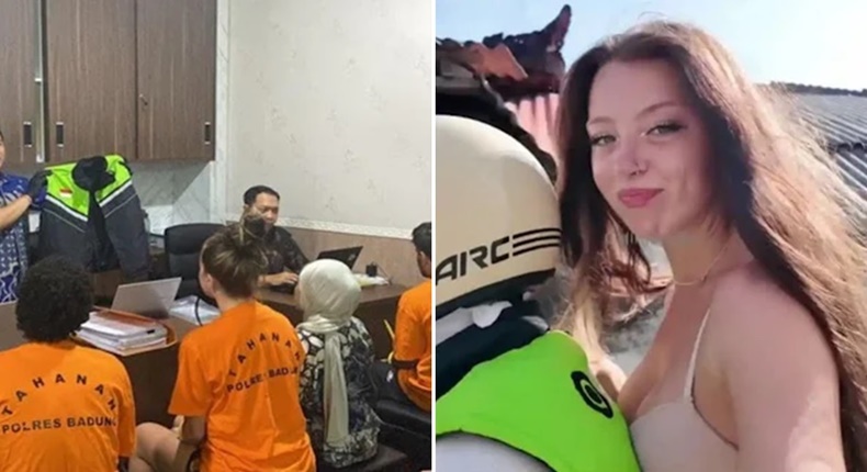 Tiga WNA saat diamankan oleh aparat di Polres Badung (kiri) serta salah satu perempuan yang diduga terlibat dalam video viral bersama seorang pengemudi ojek online di Bali (kanan). (Foto Kolase).