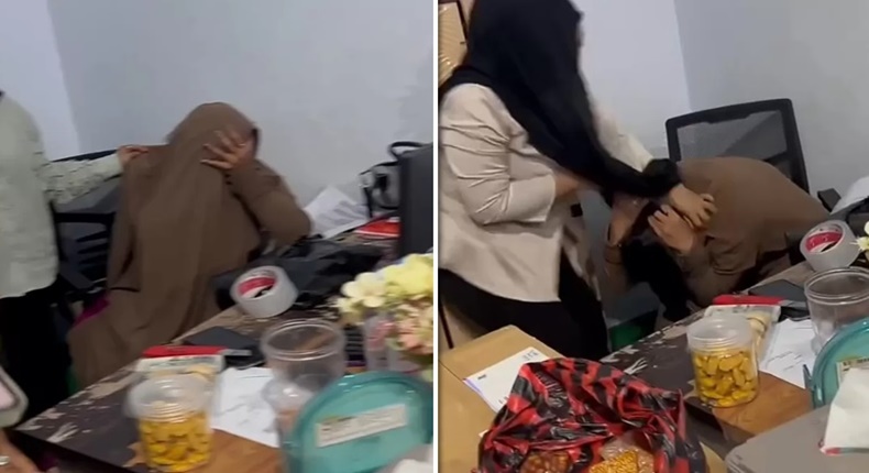 Tangkapan layar video menunjukkan istri sah melabrak wanita bercadar yang diduga selingkuhan suaminya di Makassar.