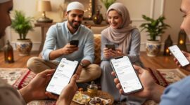 Ilustrasi suasana lebaran saling membalas ucapan antara keluarga dan teman.