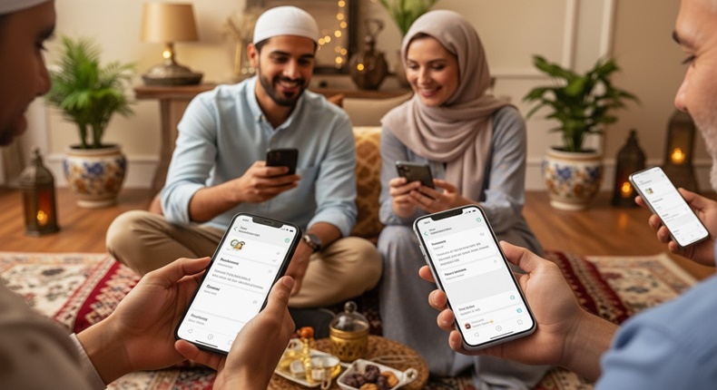 Ilustrasi suasana lebaran saling membalas ucapan antara keluarga dan teman.