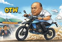 Ilustrasi Kepala Badan Gizi Nasional (BGN), Dadan Hindayana, mengendarai motor listrik melintas di depan Gedung DPR RI Komisi IX.