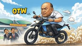 Ilustrasi Kepala Badan Gizi Nasional (BGN), Dadan Hindayana, mengendarai motor listrik melintas di depan Gedung DPR RI Komisi IX.