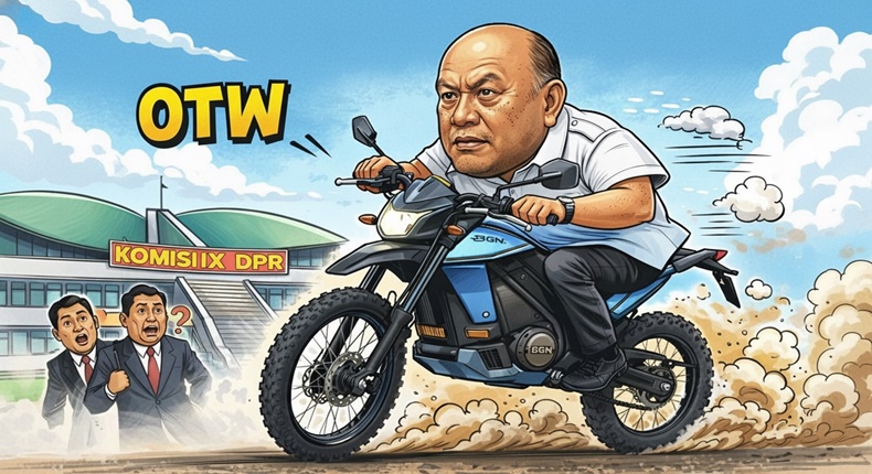 Ilustrasi Kepala Badan Gizi Nasional (BGN), Dadan Hindayana, mengendarai motor listrik melintas di depan Gedung DPR RI Komisi IX.