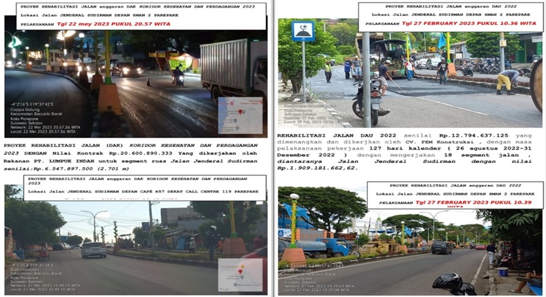 Dokumentasi lokasi pekerjaan rehabilitasi Jalan Jenderal Sudirman Parepare yang dikerjakan pada tahun 2022 dan kembali diaspal pada proyek DAK tahun 2023.
