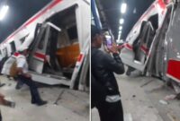 Kondisi gerbong KRL Commuter Line yang ringsek parah usai ditabrak KA Argo Bromo Anggrek di Stasiun Bekasi Timur, Senin (27/4/2026) malam. Sejumlah penumpang dan warga tampak berada di sekitar lokasi dengan kerusakan berat terlihat pada bagian pintu dan bodi gerbong. (Foto kolase).
