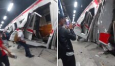 Kondisi gerbong KRL Commuter Line yang ringsek parah usai ditabrak KA Argo Bromo Anggrek di Stasiun Bekasi Timur, Senin (27/4/2026) malam. Sejumlah penumpang dan warga tampak berada di sekitar lokasi dengan kerusakan berat terlihat pada bagian pintu dan bodi gerbong. (Foto kolase).